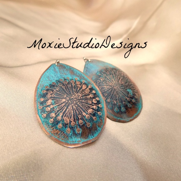 Rustic Turquoise Blue Dandelion Earrings, Copper - Picture 2 of 5